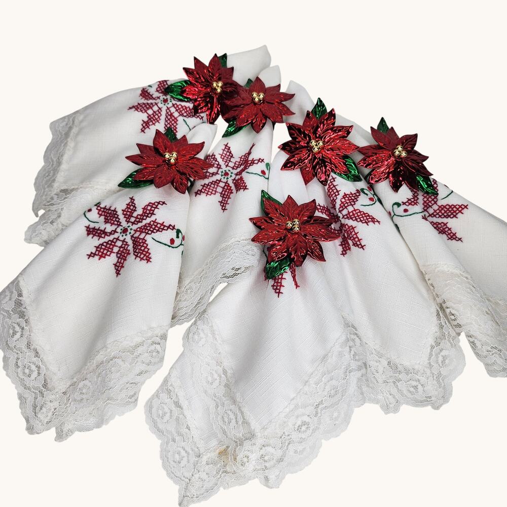Vintage Christmas Linen Napkins Set o 6 Metal Rings Lace Cross Stitch Poinsettia - Picture 2 of 15